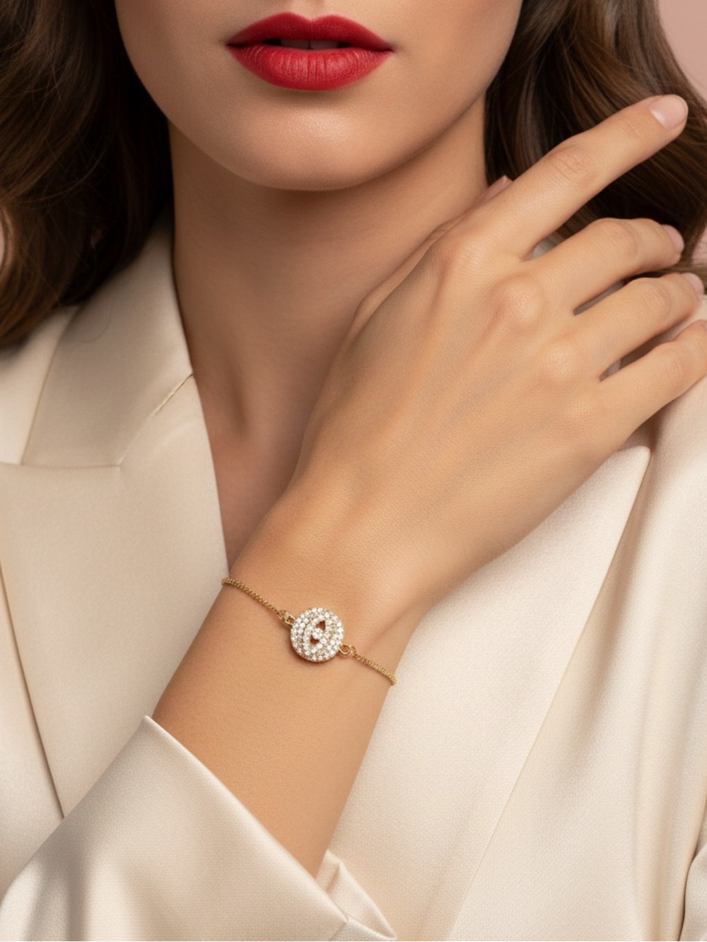 Elegant Gold Evil Eye Medallion Pavé Bracelet with White Crystals